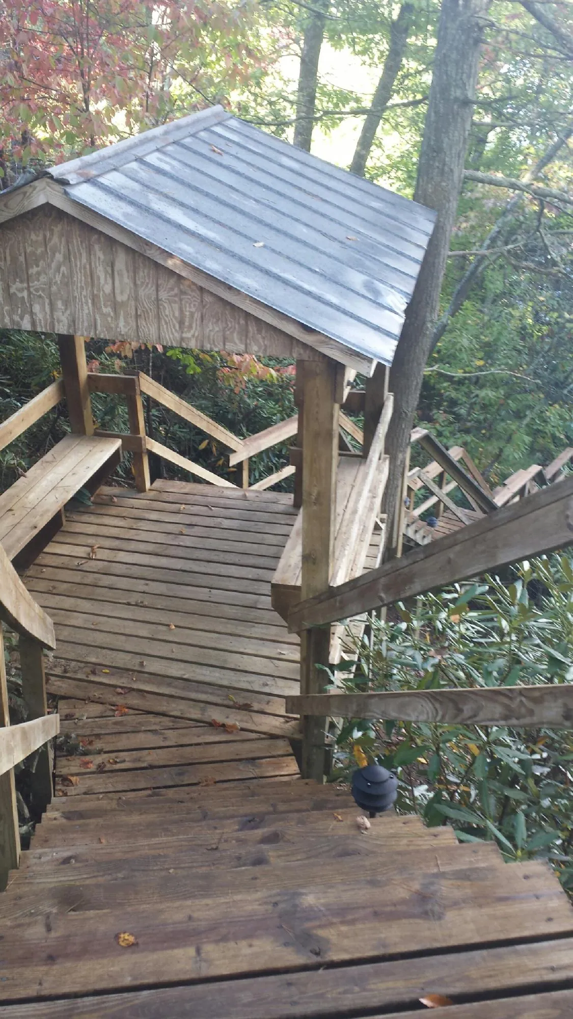 Metal roofed shelter over wooden steps on a wooded walkway — Skylight Repair & Installation work by our crew in Rockwood